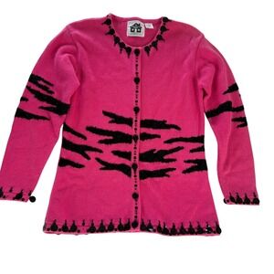 Storybook‎ Knits Pink Black Zebra Stripe Sequin Beaded Cardigan Sweater Small